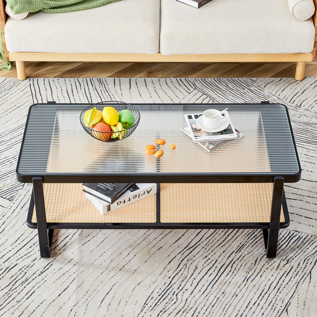 Leoglint Modern minimalist rectangular double layer black solid wood imitation rattan coffee table with a Chinese style side table with craft glass tabletop, suitable for living rooms, restaurants, bedrooms