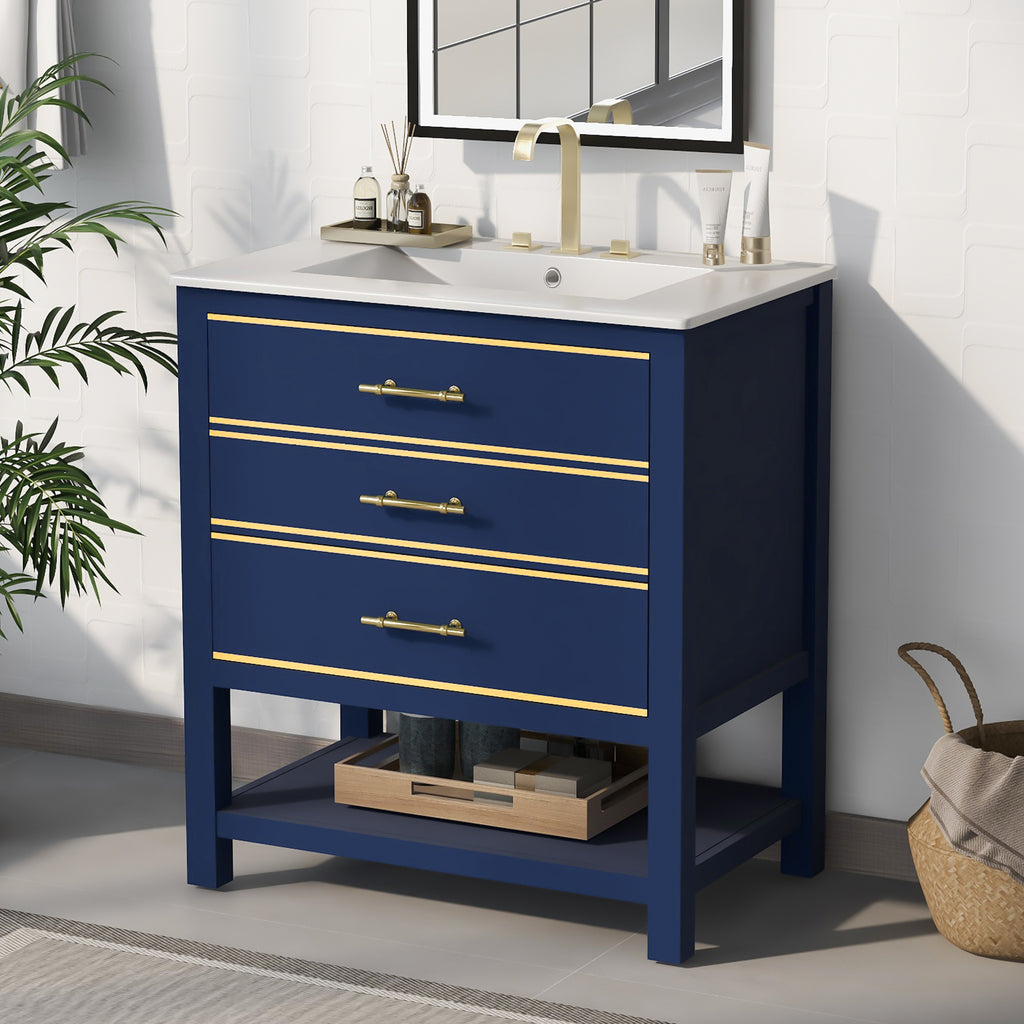 Leoglint [Viedo]Modern 30inch Navy Blue/White Bathroom Vanity Cabinet Combo with OpenStorge, Two Drawers