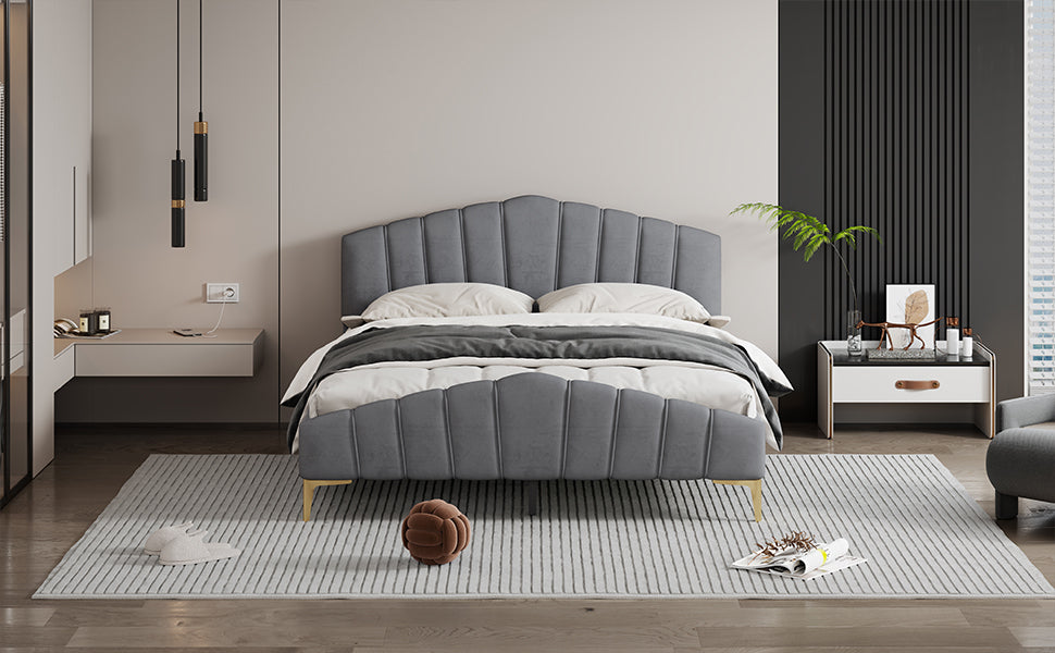 Queen Size Velvet Platform Bed Frame with Thick Fabric, Stylish Stripe Decorated Bedboard and Elegant Metal Bed Leg, Gray