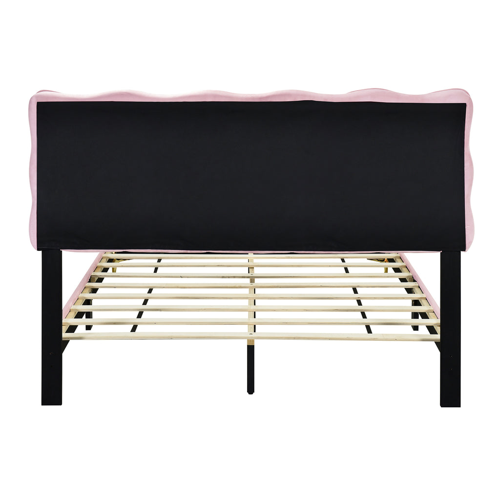 Queen Size Velvet Platform Bed with LED Frame and Stylish Mental Bed Legs, Pink