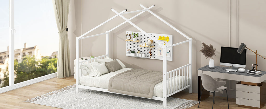 Leoglint Twin Size Metal House Platform Bed Frame, White