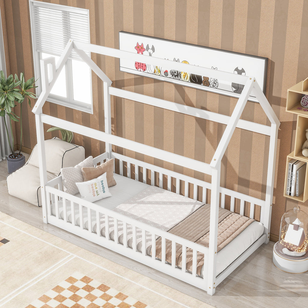 Twin House Bed Frame with Guardrails, Slats ,White