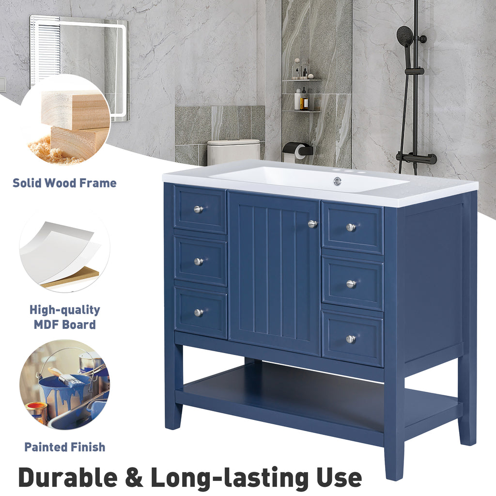 Leoglint 36" Bathroom Vanity without Sink, Cabinet Base Only, One Cabinet and three Drawers, Blue