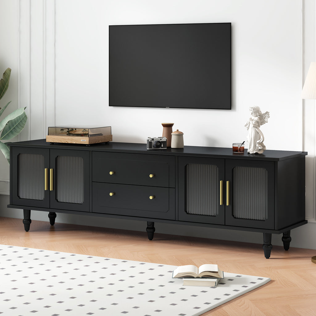 Leoglint ON-TREND Retro Design TV Stand with Fluted Glass Doors for TVs Up to 78'', Practical Media Console with 2 Drawers and Cabinets, Elegant Entertainment Center for Living Room, Black