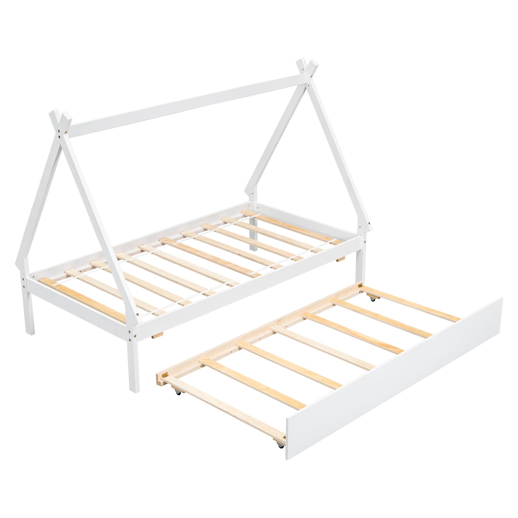 Leoglint Twin size Tent Floor Bed Frame, Teepee Bed, with Trundle,White