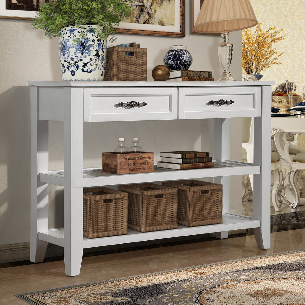 Leoglint Console Sofa Table with 2 Storage Drawers and 2 Tiers Shelves, Mid-Century Style 42'' Solid Wood Buffet Sideboard for Living Room Furniture Kitchen Dining Room Entryway Hallway, Antique White