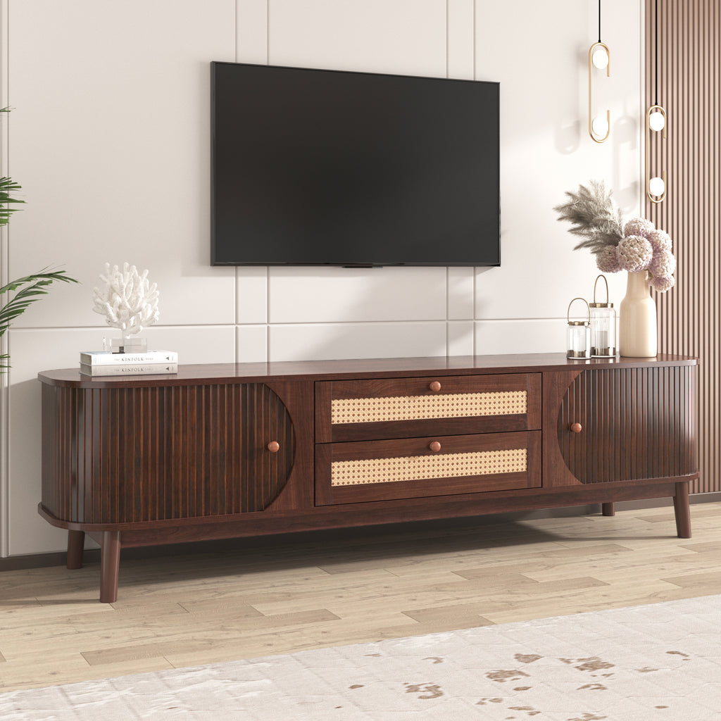 Leoglint Rattan TV Stand for TVs up to 75'', Modern Farmhouse Media Console, Entertainment Center with Solid Wood Legs, TV Cabinet for Living Room,Home Theatre