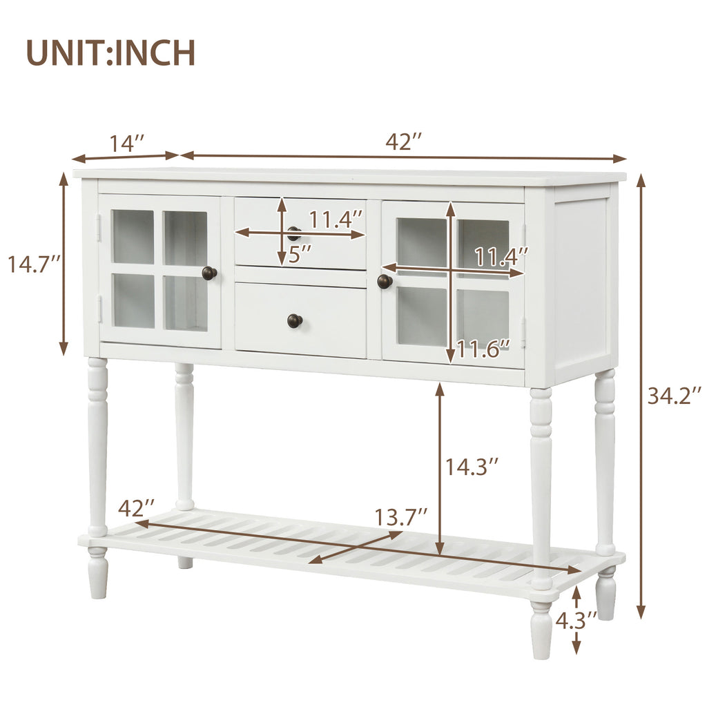 Leoglint TREXM Sideboard Console Table with Bottom Shelf, Farmhouse Wood/Glass Buffet Storage Cabinet Living Room (White)