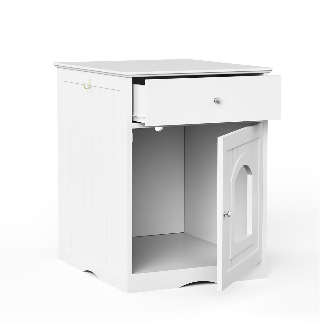 Leoglint Wooden Pet House Cat Litter Box Enclosure with Drawer, Side Table, Indoor Pet Crate, Cat Home Nightstand (White)