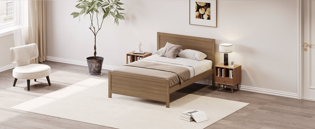 Leoglint Wood Platform Bed Frame with Headboard, Mattress Foundation with Wood Slat Support, No Box Spring Needed, Full Size, Walnut