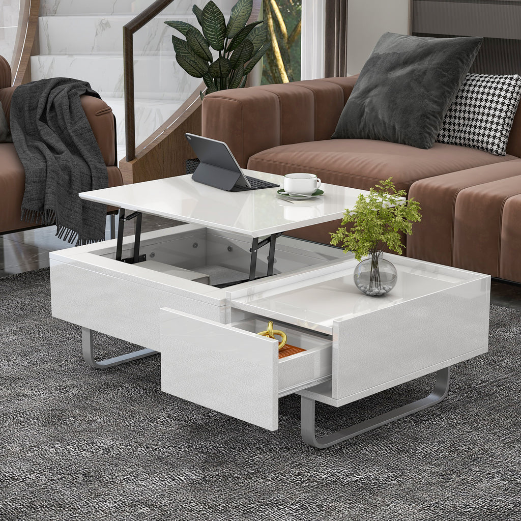 Leoglint [VIDEO provided] ON-TREND Multi-functional Coffee Table with Lifted Tabletop, Contemporary Cocktail Table with Metal Frame Legs, High-gloss Surface Dining Table for Living Room, White