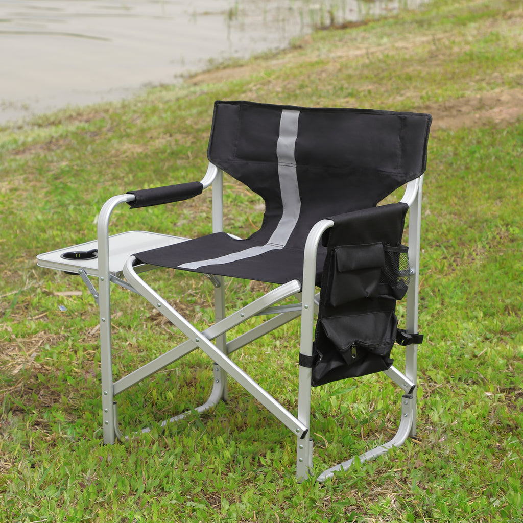 Leoglint 1-piece Padded Folding Outdoor Chair with Side Table and Storage Pockets,Lightweight Oversized Directors Chair for indoor, Outdoor Camping, Picnics and Fishing,Black/Grey