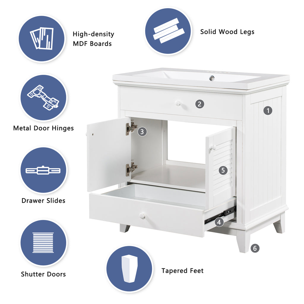 Leoglint 30" Bathroom Vanity Base without Sink, Bathroom Cabinet with Two Doors and One Drawer, White