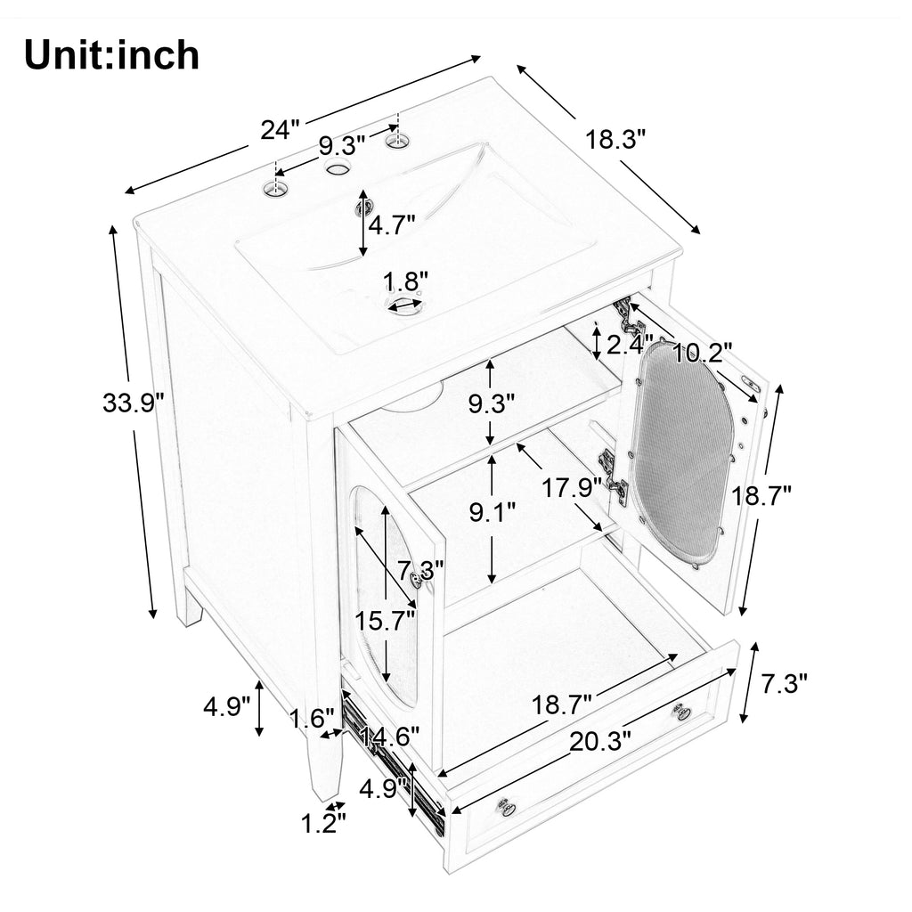 Leoglint 24" Bathroom Vanity with Sink, Bathroom Vanity Cabinet with One Drawer and Doors, Adjustable Shelf, Solid Wood and MDF, White