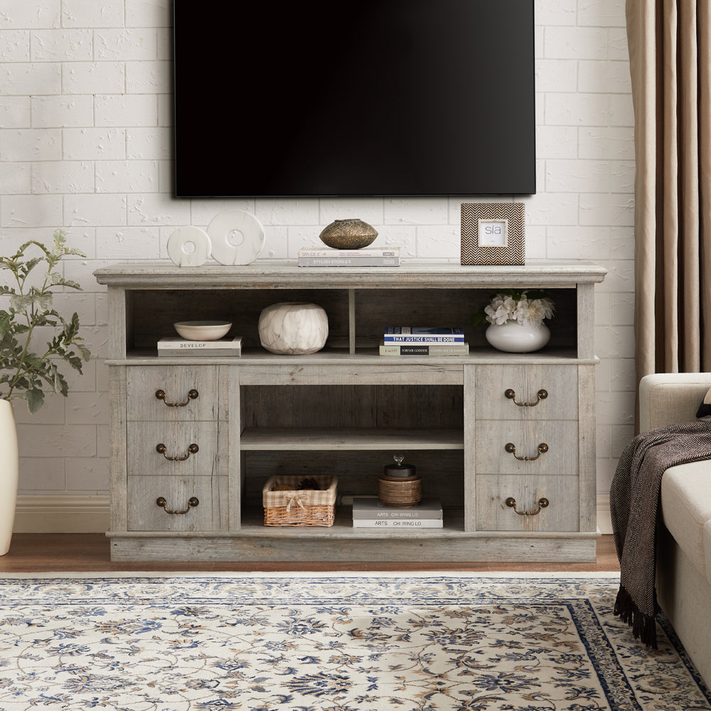 Leoglint Traditional TV Stand Farmhouse Rustic Entertainment Console for TV Up to 65" with Open and Closed Storage Space, Light Gray, 60"W*15.75"D*34.25"H