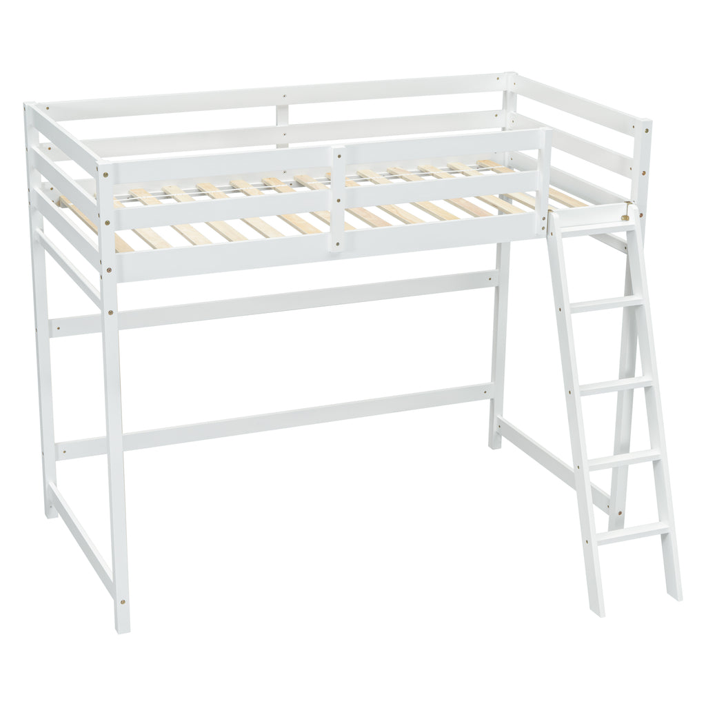 Leoglint Twin Size High Loft Bed Frame with inclined Ladder, Guardrails,White