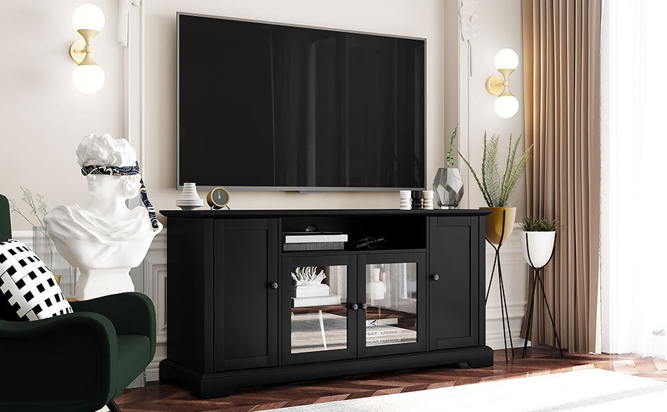 Leoglint U-Can TV Stand for TV up to 65in with 2 Tempered Glass Doors Adjustable Panels Open Style Cabinet, Sideboard for Living room, Black