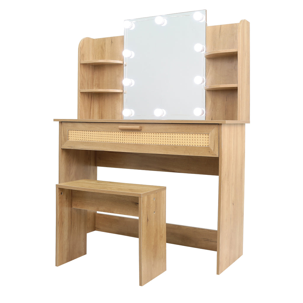 Leoglint Drawer Chest Vanity Desk Set Stool & Dressing Table with LED Lighting Mirror Drawer and Compartments Modern Wood Cosmetic Table Chest of Drawers Nature Color