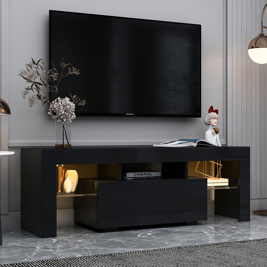 Leoglint Black TV Stand with LED RGB Lights,Flat Screen TV Cabinet, Gaming Consoles - in Lounge Room, Living Room and Bedroom(Black)