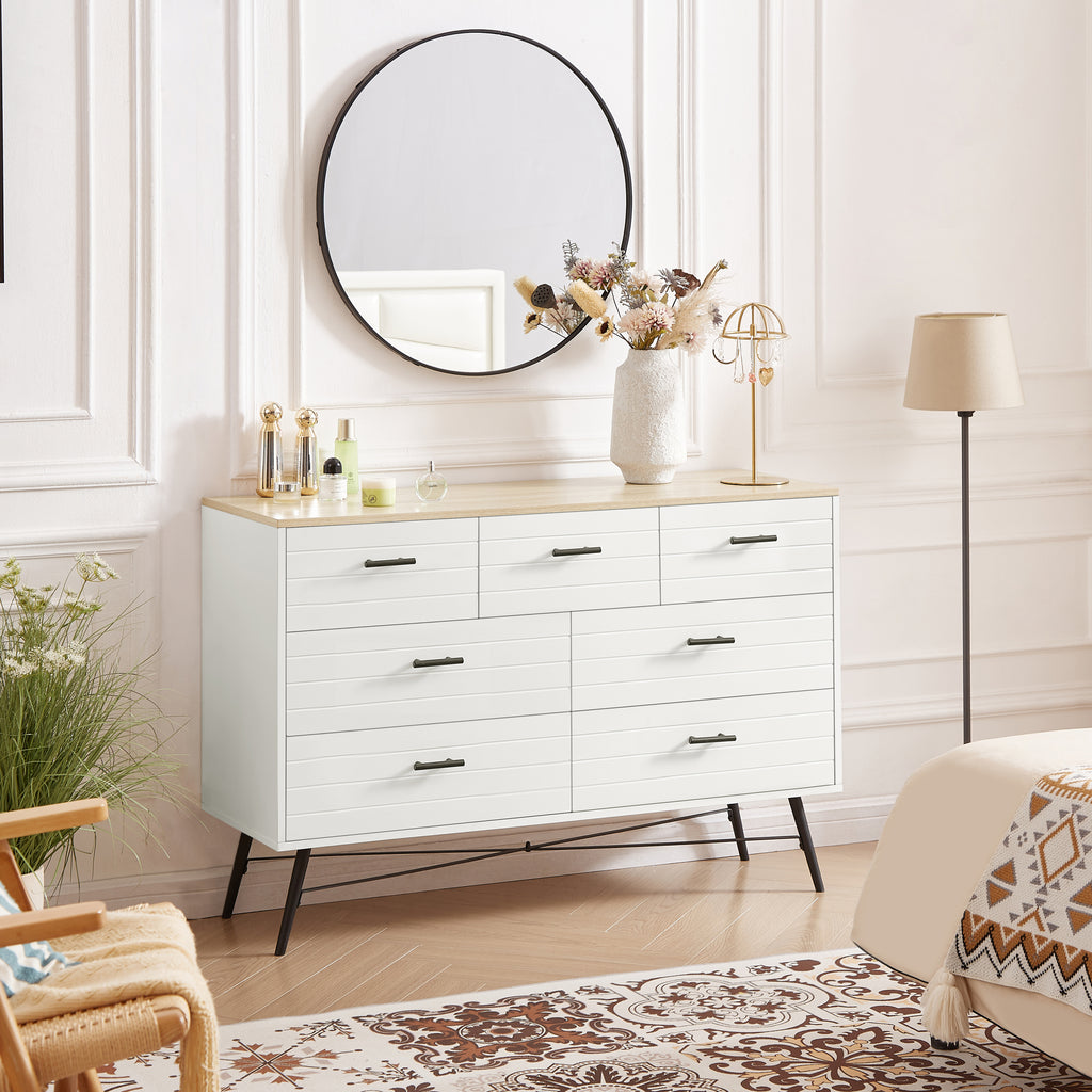 Leoglint 7 Drawer Chest Drawer Dresser for Bedroom with Deep Drawers, Wood Dressers & Chest of Drawers, Modern White Long Dressers for Closet Living Room, 47.2"W x 15.7"D x 31.5"H, White & oak