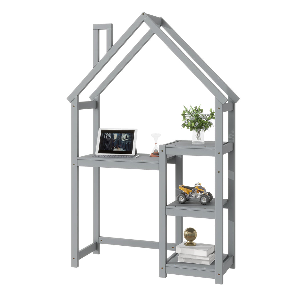 Leoglint House-shaped Wooden writing Desk,Kids study Table,Bookshelf & Toy Storage,Grey