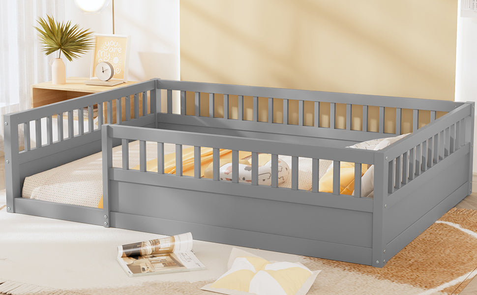 Leoglint Full Floor Bed Frame with Fence, Wood Kids Floor Beds Frame for Bedroom Playroom,Gray(Expect arrive date Jul. 10th)