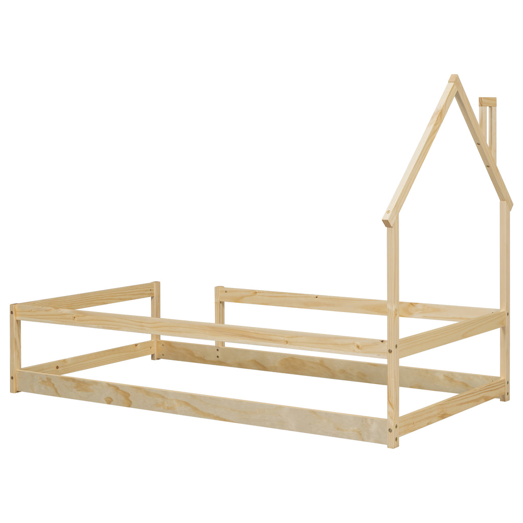 Twin Size Wood bed Frame with House-shaped Headboard Floor bed with Fences,Natural