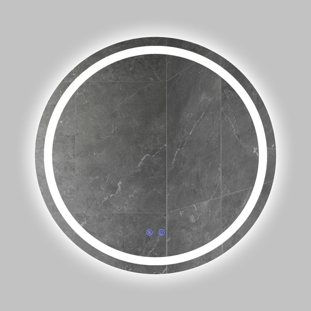 Leoglint 32 x 32 Inch Round Frameless LED Illuminated Bathroom Mirror, Touch Button Defogger, Metal, Frosted Edges, Silver