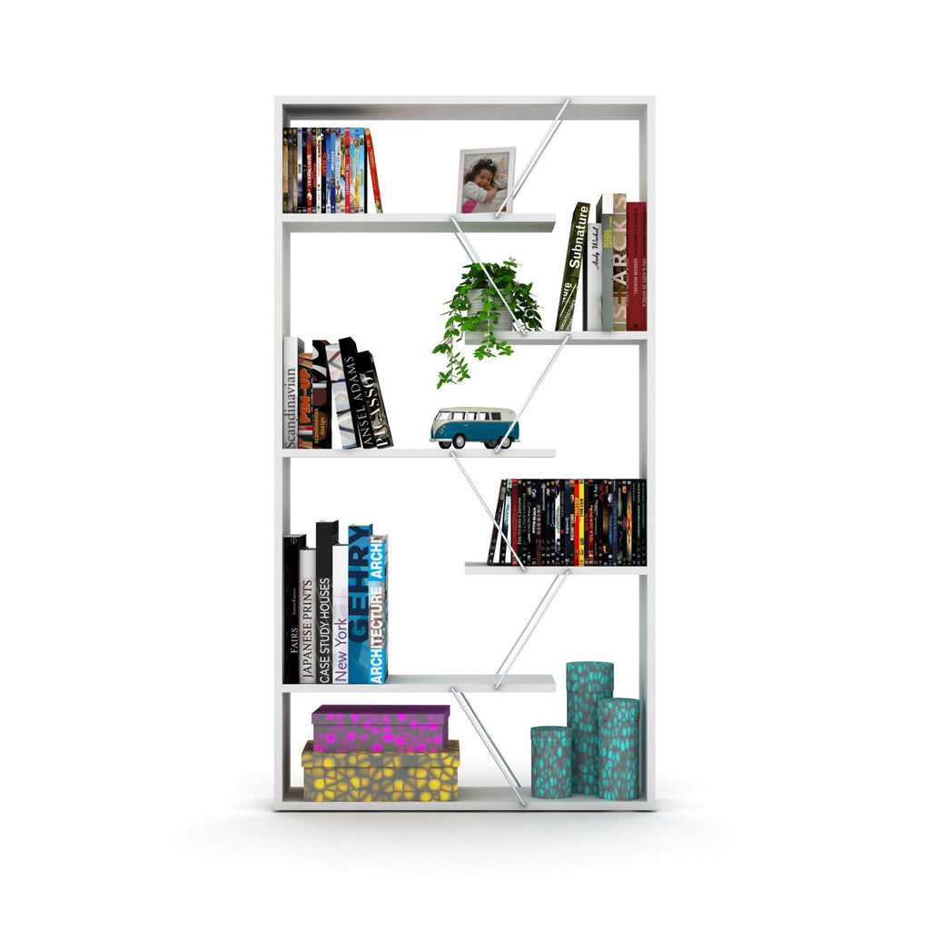 Leoglint Furnish Home Store Wood Frame Etagere Open Back 6 Shelves Bookcase Industrial Bookshelf for Office and Living Rooms Modern Bookcases Large Bookshelf Organizer, White/Chrome