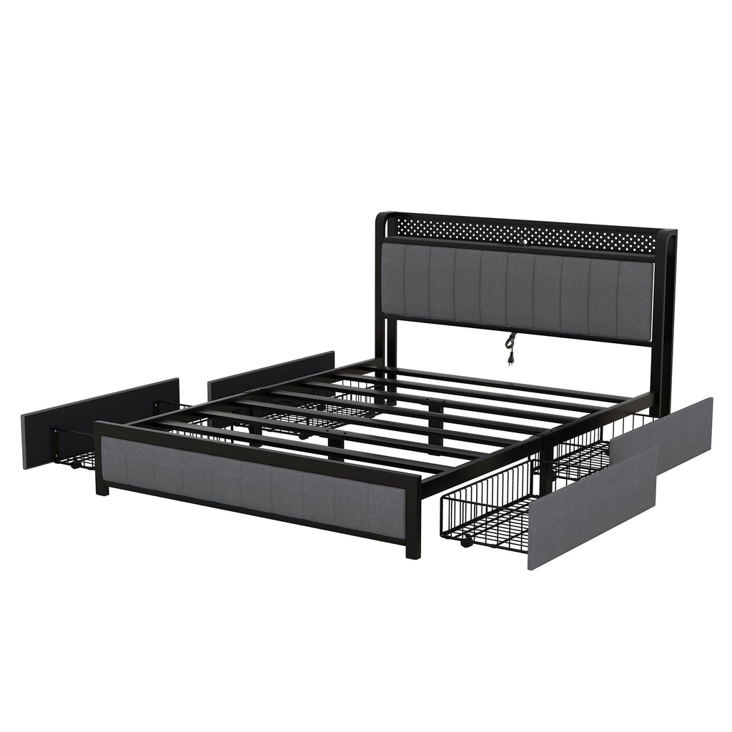 Queen Bed Frame with LED Headboard, Upholstered Bed with 4 Storage Drawers and USB Ports, Dark Grey