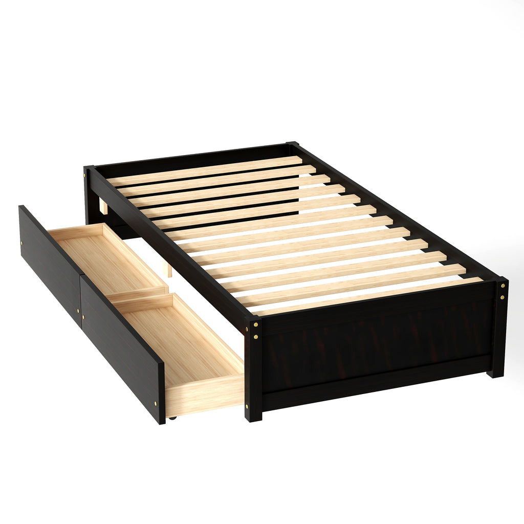 Twin Bed Frame with 2 Drawers, Solid Wood, No Box Spring Needed ,Espresso(Old SKU:W50441670)