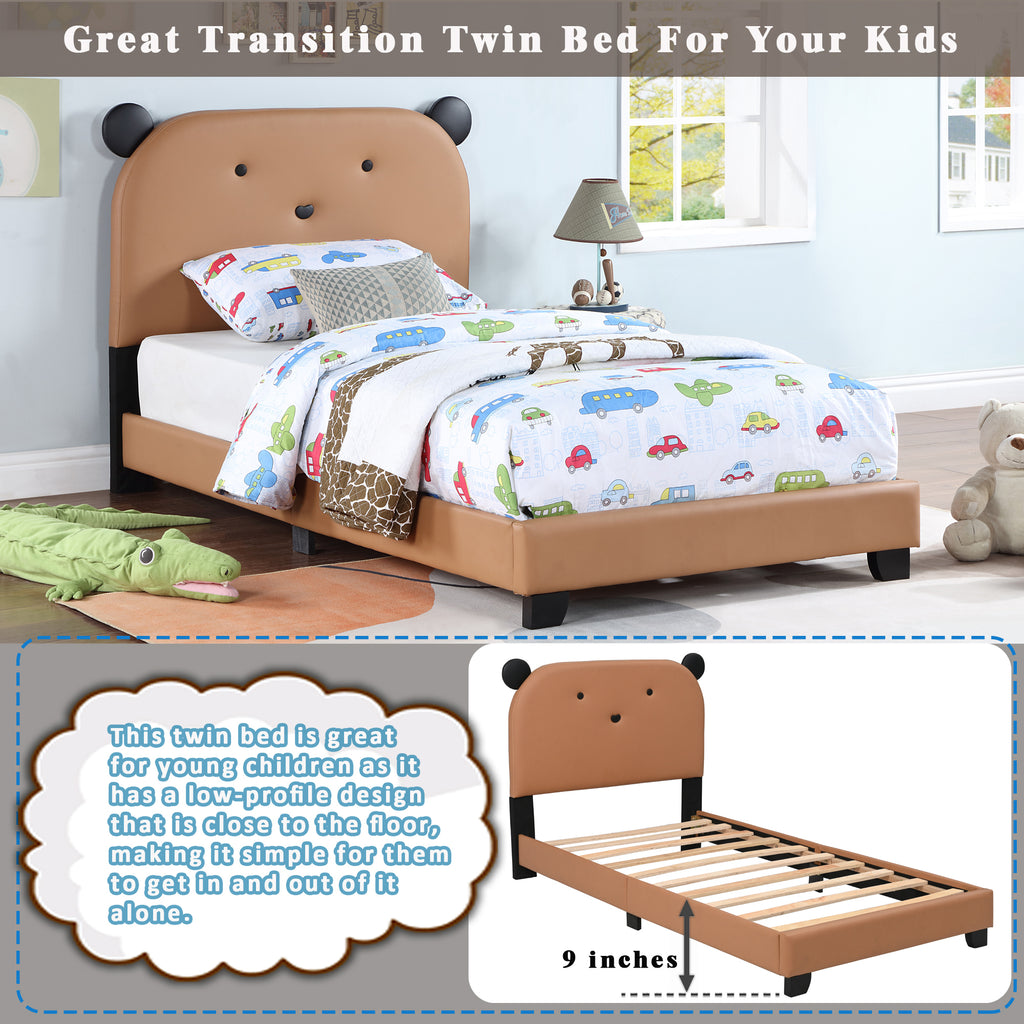 Leoglint Upholstered Twin Size Platform Bed for Kids, Wooden Bed Frame with Slatted Bed Base, No Box Spring Needed, Cute Bed Frame with Bear Design Headboard for Girls Boys Teens, Brown