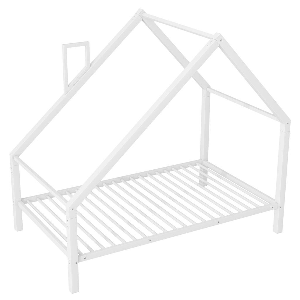 Leoglint Twin Size Metal House Platform Bed Frame with Roof and Chimney, White