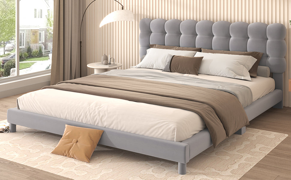 Queen Size Upholstered Platform Bed Frame with Soft Headboard,Gray