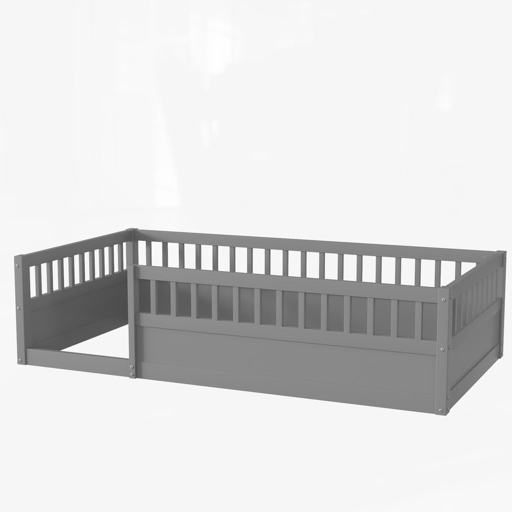 Twin Floor Bed Frame with Fence, Wood Kids Floor Beds Frame for Bedroom Playroom,Gray(Expect arrive date Jun. 21st)