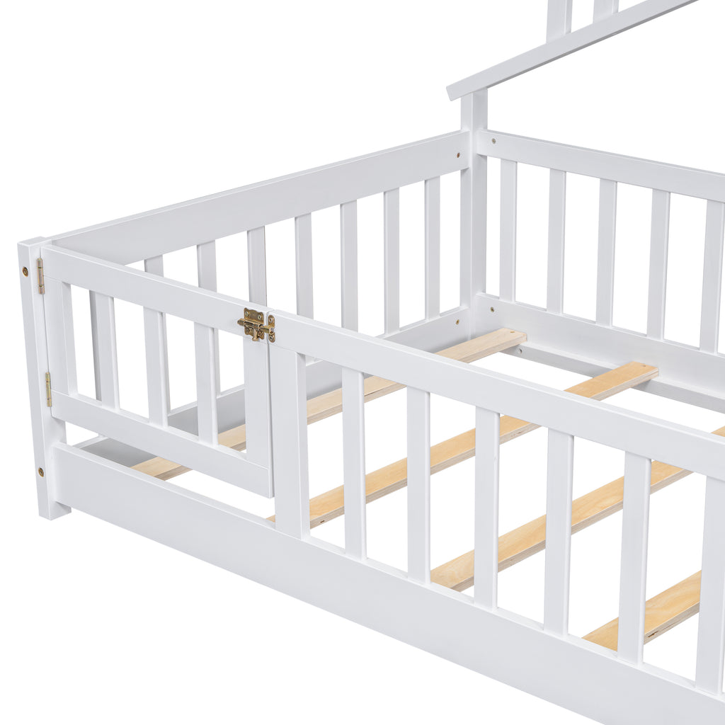 Twin House-Shaped Bedside Floor Bed Frame with Guardrails, Slats, with Door,White