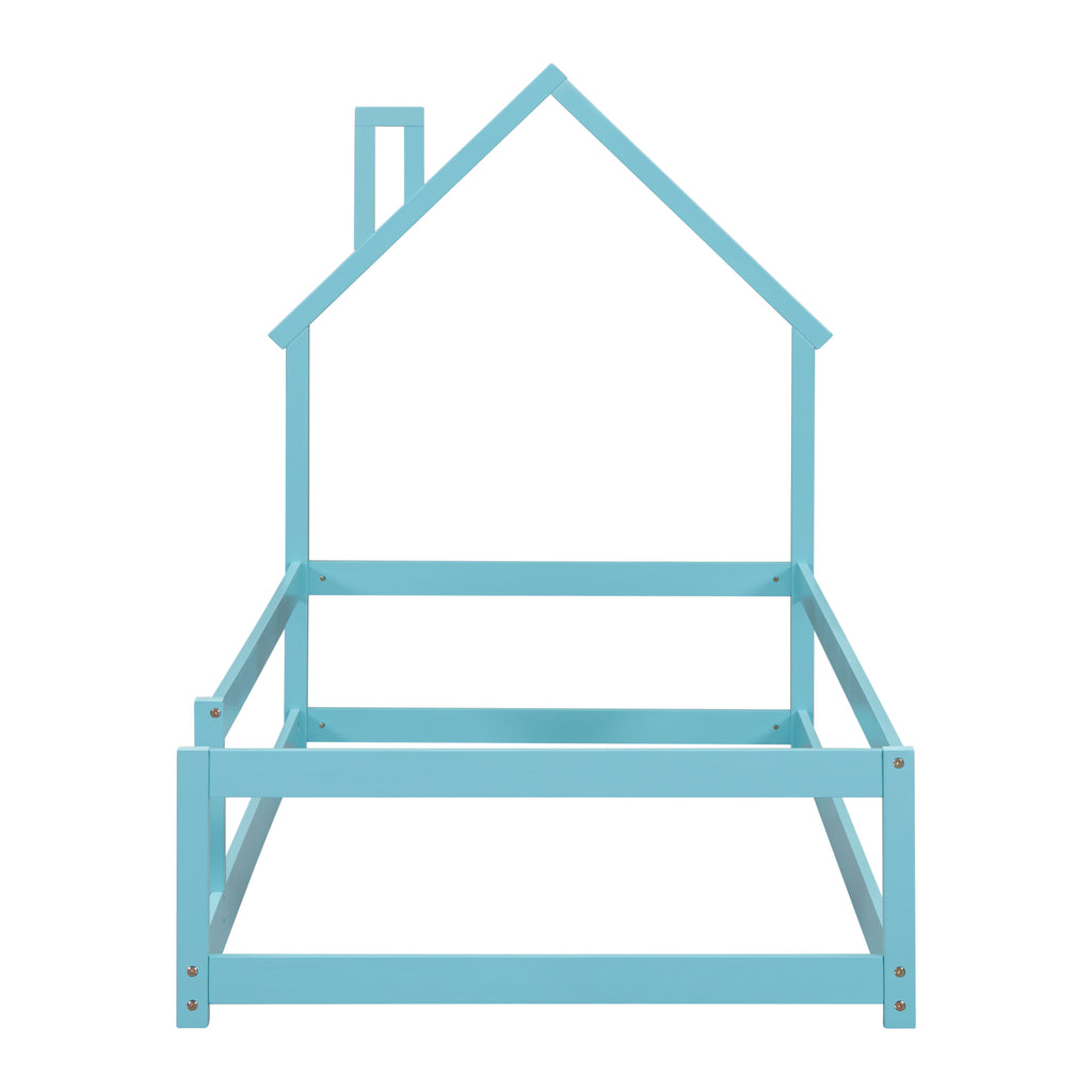 Leoglint Twin Size Wood bed Frame with House-shaped Headboard Floor bed with Fences,Light Blue