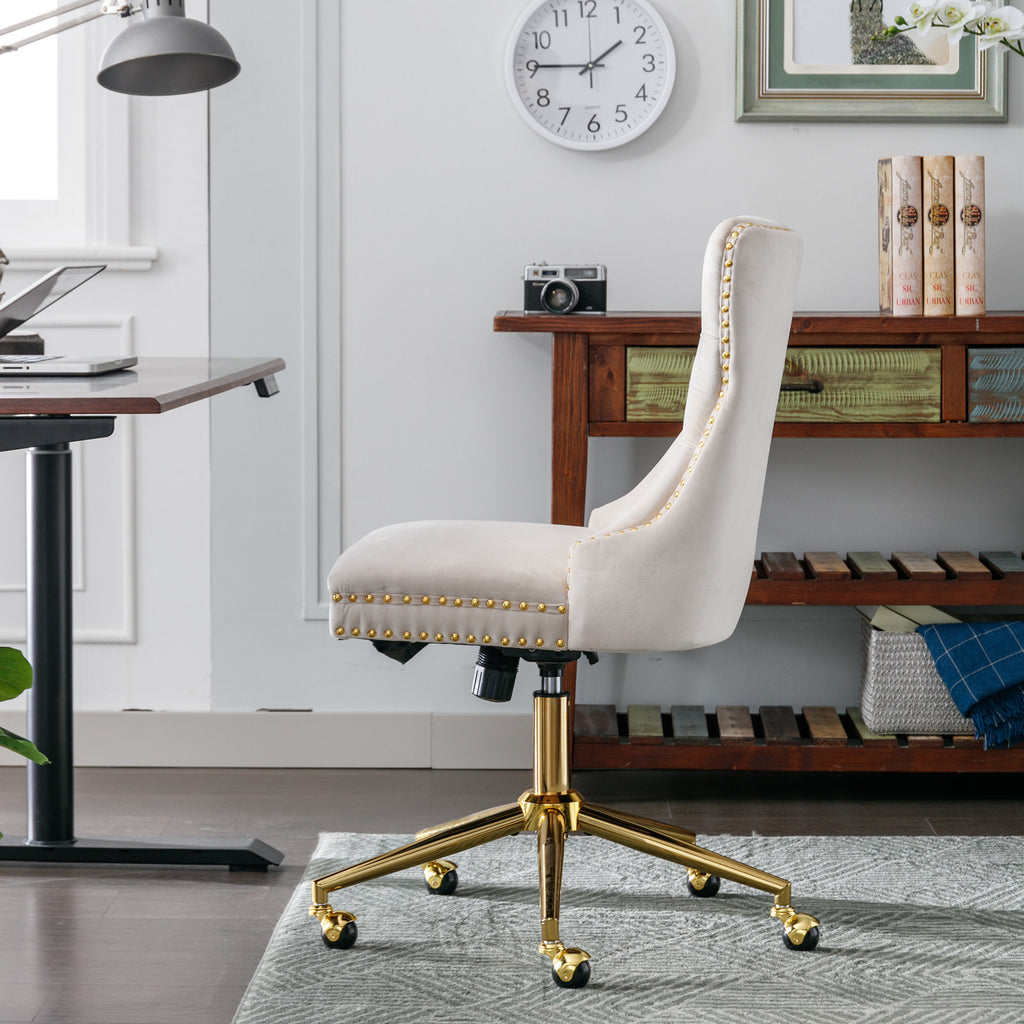 Leoglint A&A Furniture Office Chair,Velvet Upholstered Tufted Button Home Office Chair with Golden Metal Base,Adjustable Desk Chair Swivel Office Chair (Beige)