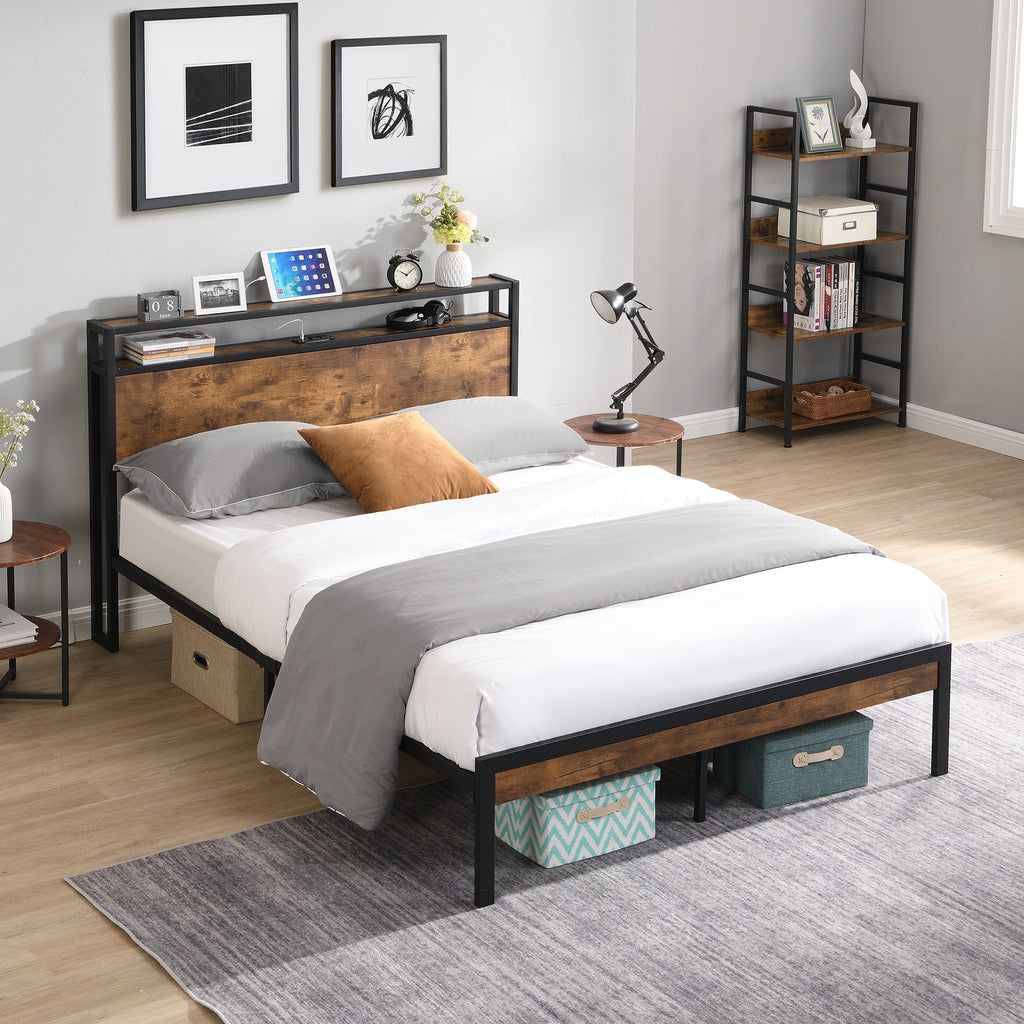 Leoglint Full Size Metal Platform Bed Frame with Wooden Headboard and Footboard with USB LINER, No Box Spring Needed, Large Under Bed Storage, Easy Assemble