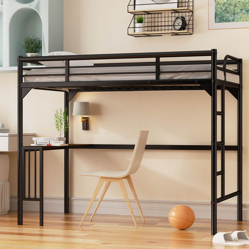 Twin Metal Loft Bed Frame with Desk, Ladder and Guardrails,bookdesk under bed , Black