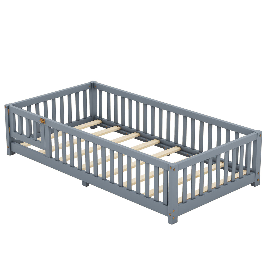 Leoglint Twin Size Bed Floor Bed Frame with Safety Guardrails and Door for Kids, Gray(Old SKU: W158090685)