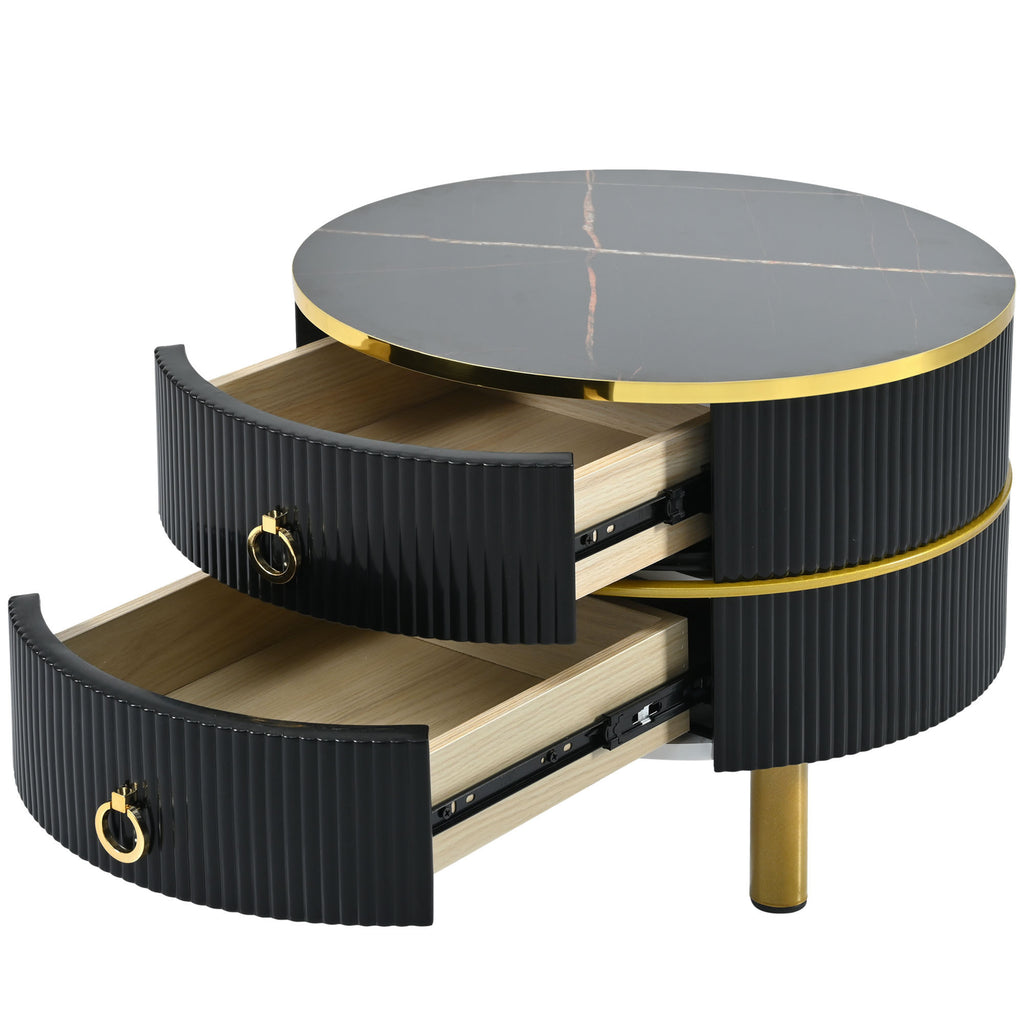 Leoglint ON-TREND Φ27.5'' & Φ19.6'' Stackable Coffee Table with 2 Drawers, Nesting Tables with Brown Tempered Glass and High Gloss Marble Tabletop, Set of 2, Round Center Table for Living Room, Black