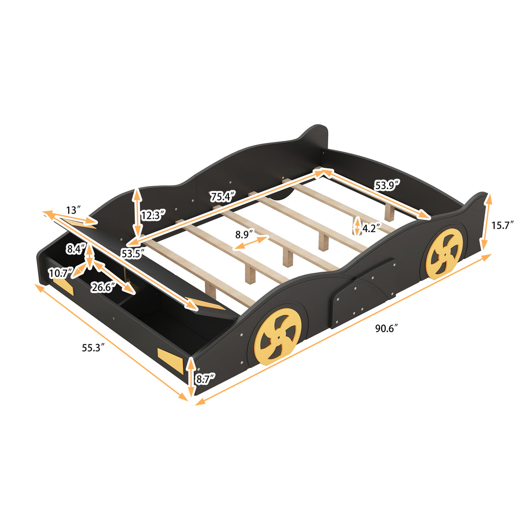 Leoglint Full Size Race Car-Shaped Platform Bed with Wheels and Storage, Black+Yellow