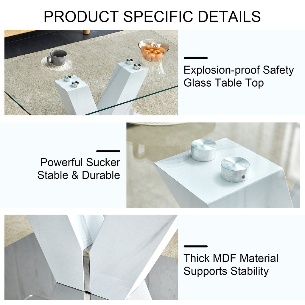 Leoglint Modern minimalist coffee table. Transparent tempered glass tabletop with silver MDF pillars. Suitable for living room and dining room