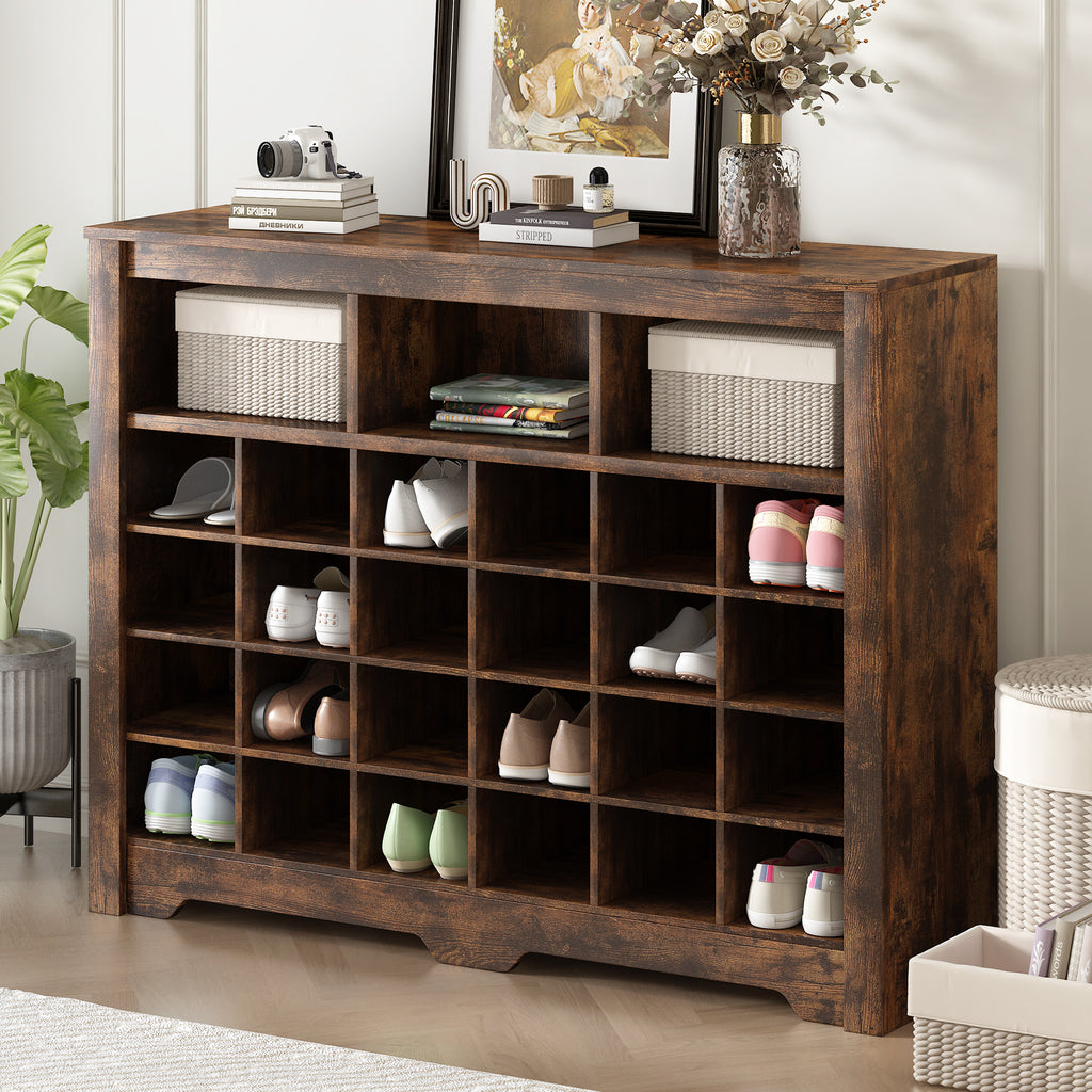 Leoglint ON-TREND Sleek Design 24 Shoe Cubby Console, Modern Shoe Cabinet with Curved Base, Versatile Sideboard with High-quality for Hallway, Bedroom, Living Room, Rustic Brown