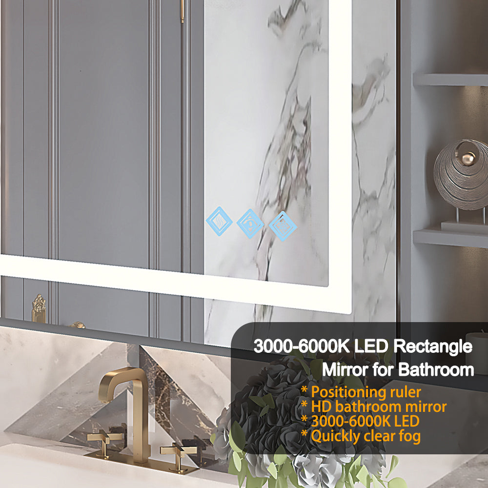 Leoglint 32x24inch Glossy Brushed Silver 3000-6000K LED Bathroom Mirror With Lights,Anti-Fog Dimmable Lighted Wall Mounted Vanity Mirror Master Bath Modern Makeup(Only mirrors, not cabinets)Horizontal&Vertical