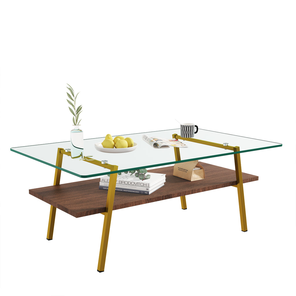 Leoglint Rectangle Coffee Table, Tempered Glass Tabletop with Gold Metal Legs, Modern Table for Living Room , Transparent Glass