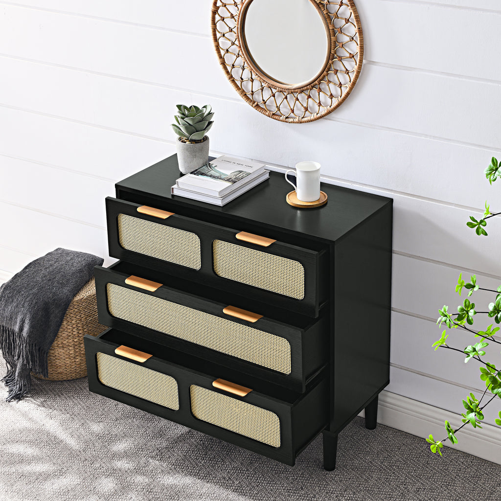 Leoglint 3 drawer dresser,Drawer Chest, modern rattan dresser cabinet with wide drawers and metal handles, farmhouse wooden storage chest of drawers for room, living room, hallway, entrance, office