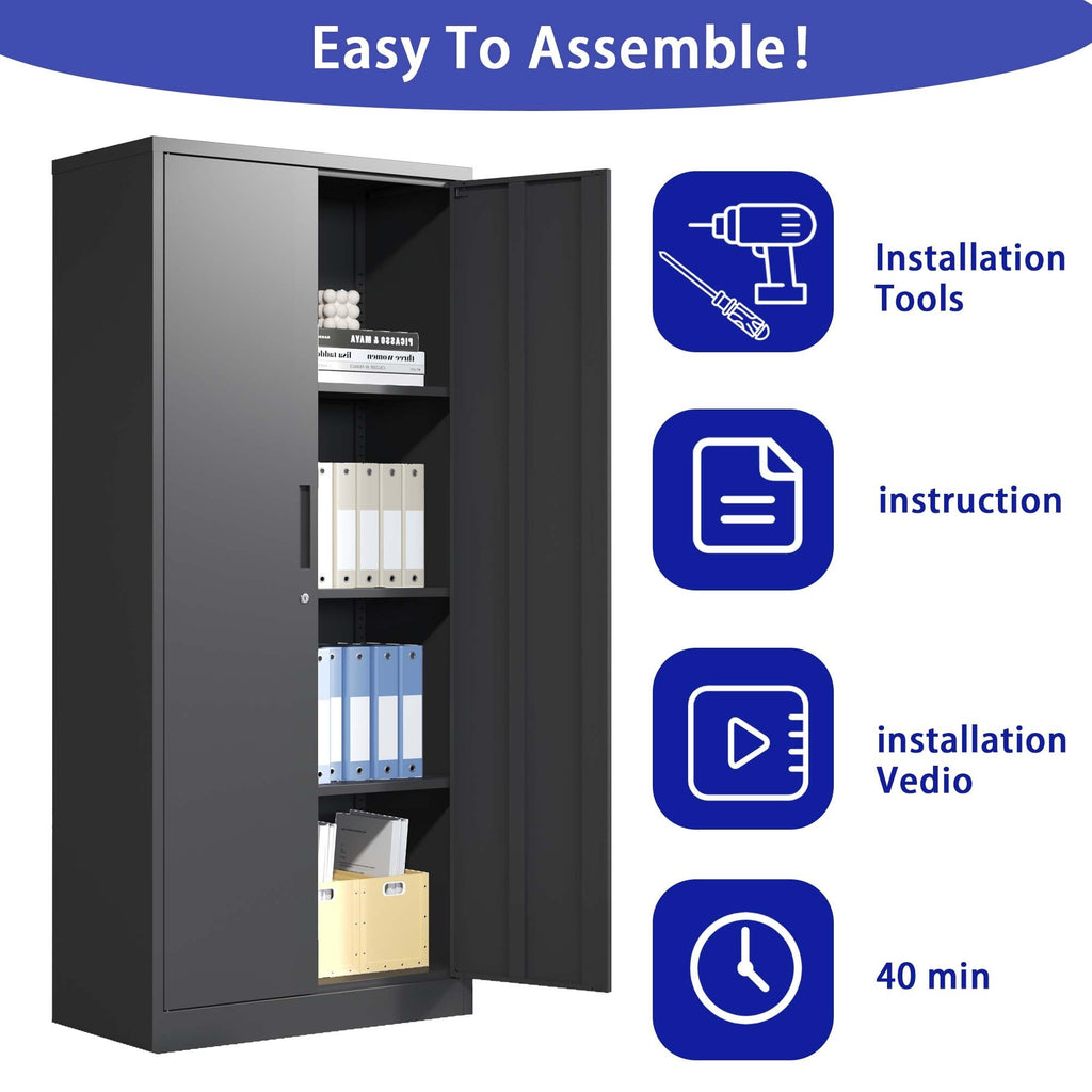 Leoglint 71"H Metal Garage Storage Cabinet, Black Tool Steel Locking Cabinet with Doors and 3 Shelves, Tall Cabinets for Garage Storage Systems Lockable File Cabinet for Home Office, Classroom/Pantry