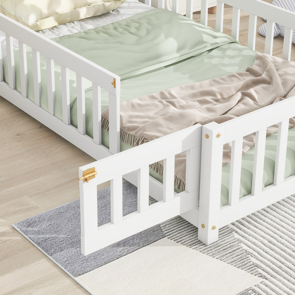 Twin House-Shaped Headboard Floor Bed Frame with Fence,White